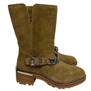 Vince Camuto Keshilla Olive Suede Moto Boots with Chain & Buckle